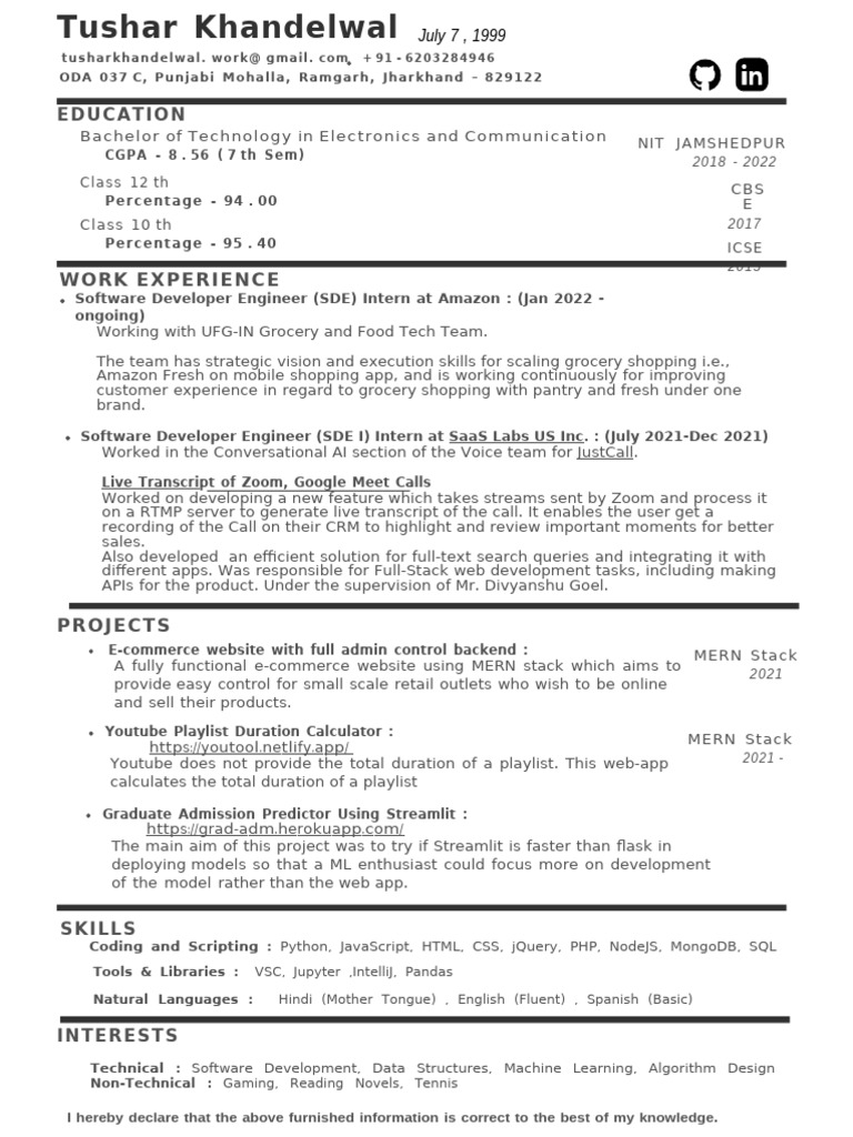 Tushar Khandelwal's Tech Resume | PDF | Computing | Software Engineering