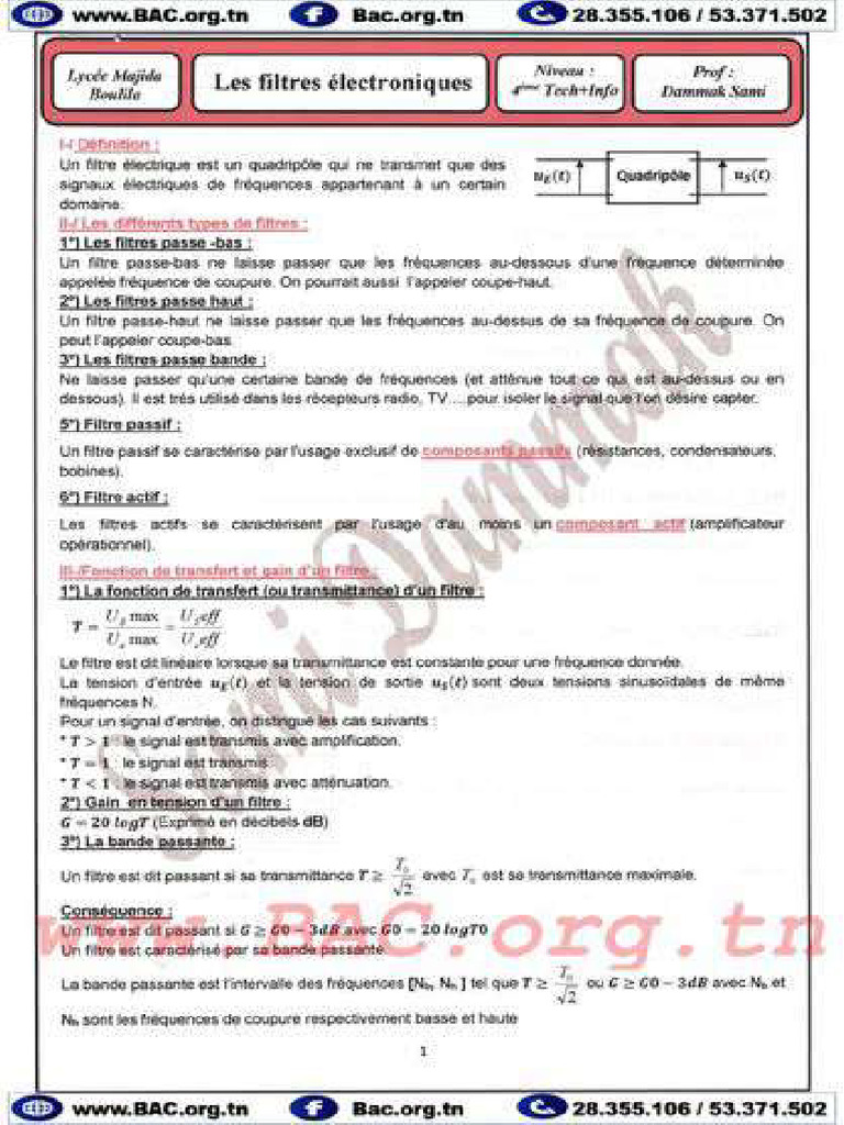 Cour Filtre Passe Bas Passif Bac Informatique | PDF