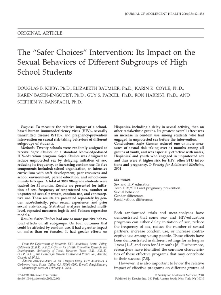 Impact of Safer Choices on Youth Sexual Behavior | PDF | Safe Sex ...