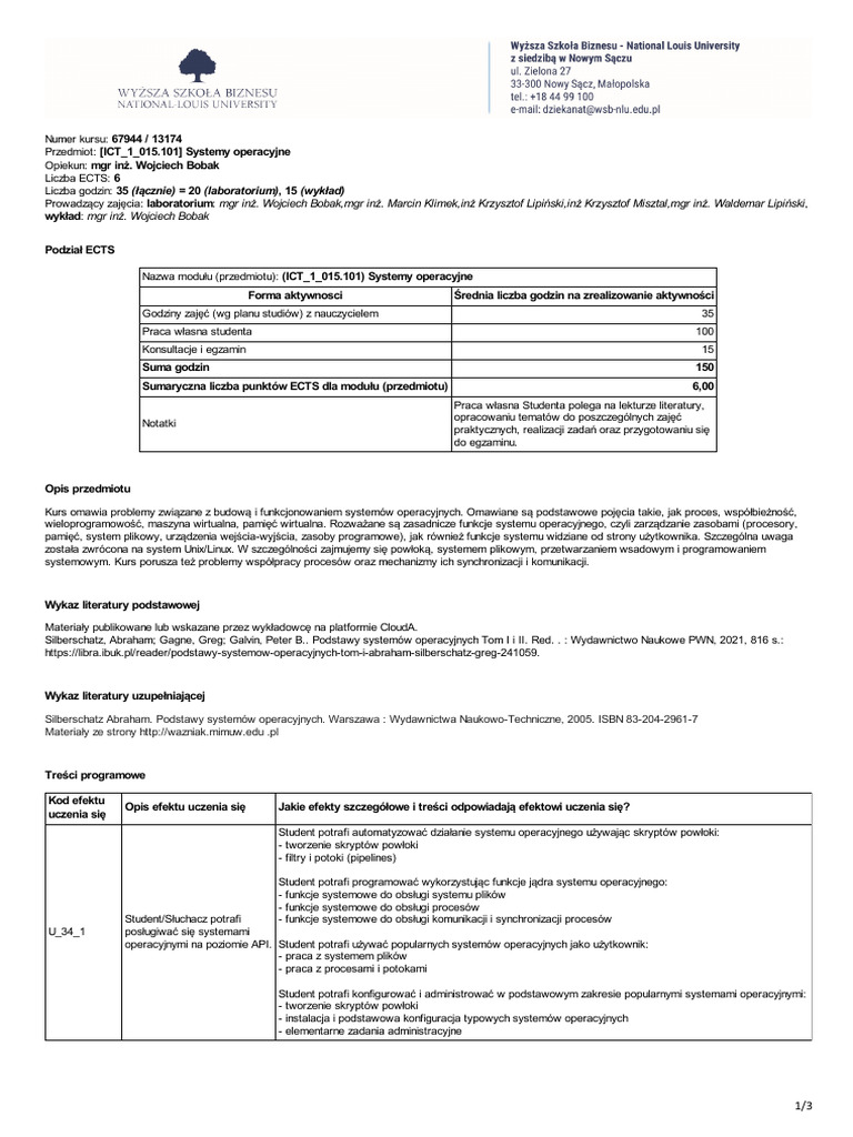 Syllabus ICT - 1 - 015 - 101 - Systemy Operacyjne | PDF