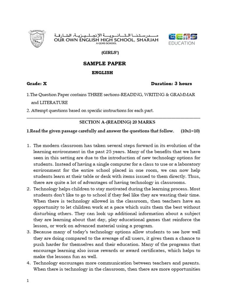Grade X English Sample Paper | PDF | Classroom | Teachers