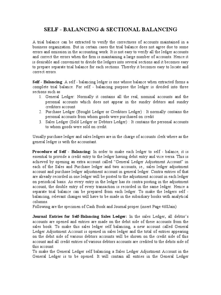 Self Balancing & Sectional Balancing PDF Debits And Credits Money