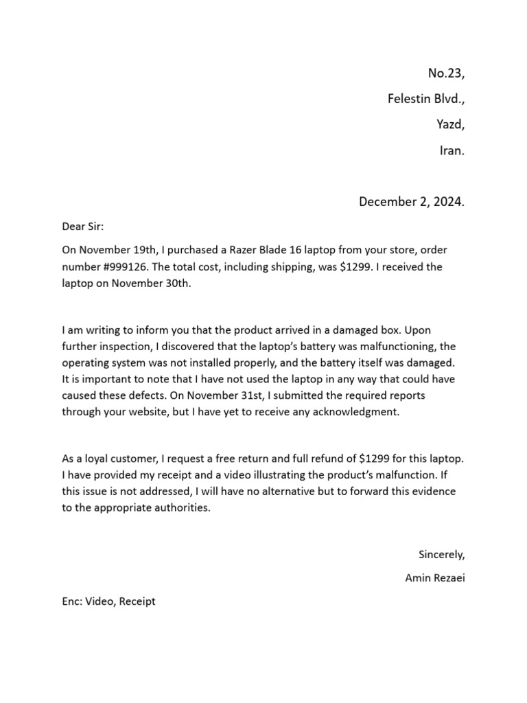 Razer Blade 16 Return Request Letter | PDF