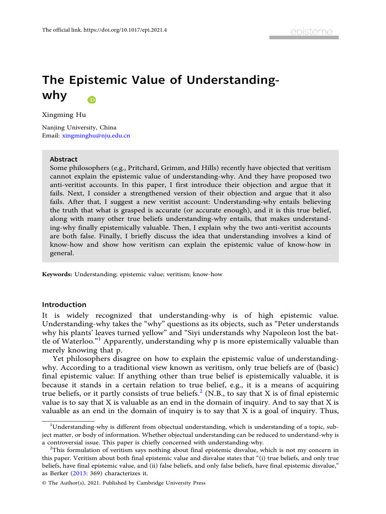 Veritism and the Value of Understanding-Why | PDF | Epistemology | Truth