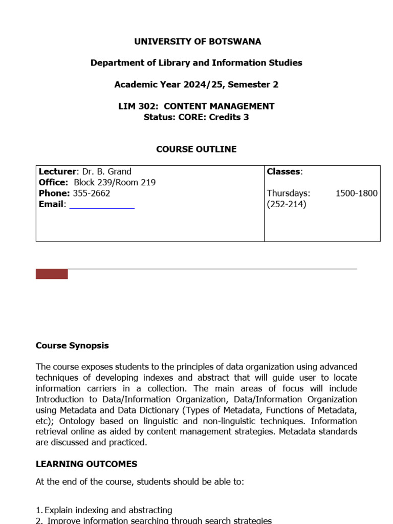 LIM 302 Content Management Course Outline | PDF | Metadata | Information
