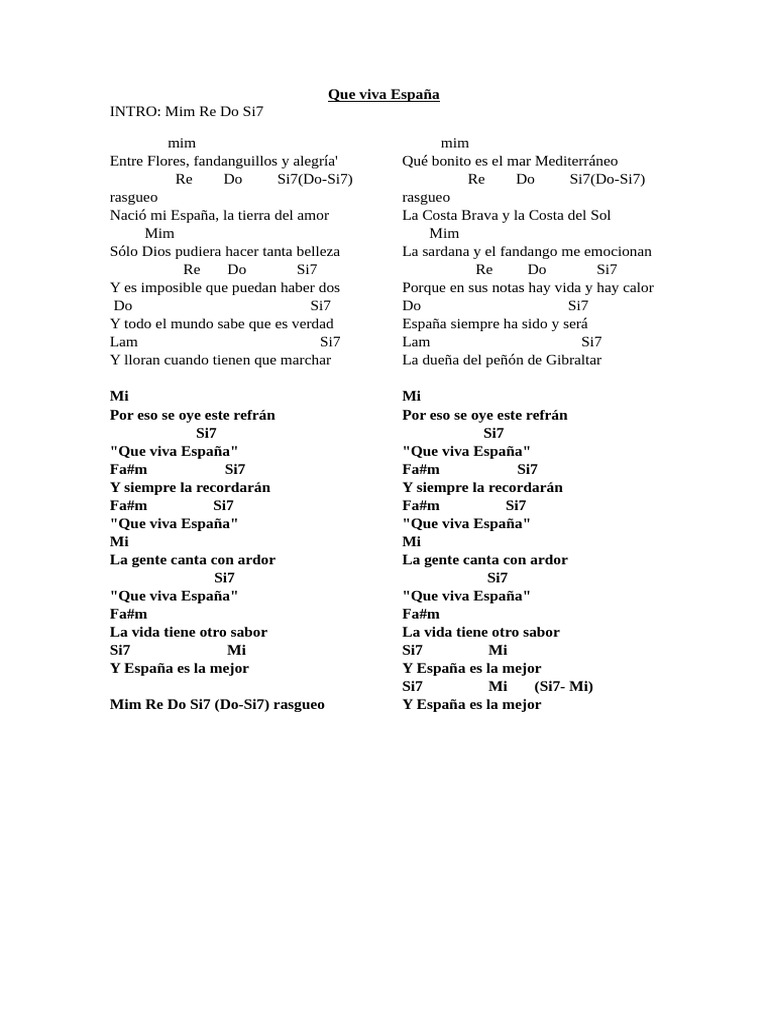 Que Viva España: Letra y Acordes | PDF