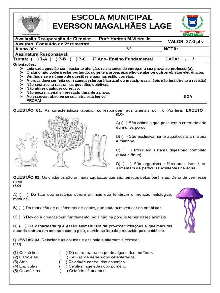 Prova de Ciências 7º Ano - Filo Porífera e Cnidários | PDF | Esponja ...