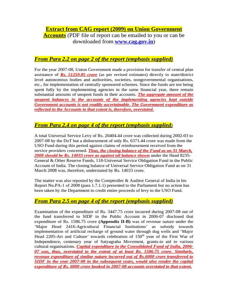 CAG 2009 Report on Union Government Accounts | PDF | Government