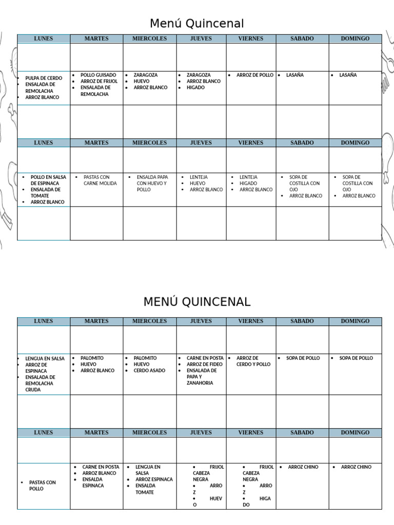 Menú Quincenal Variado y Saludable | PDF | Sopa | ensalada