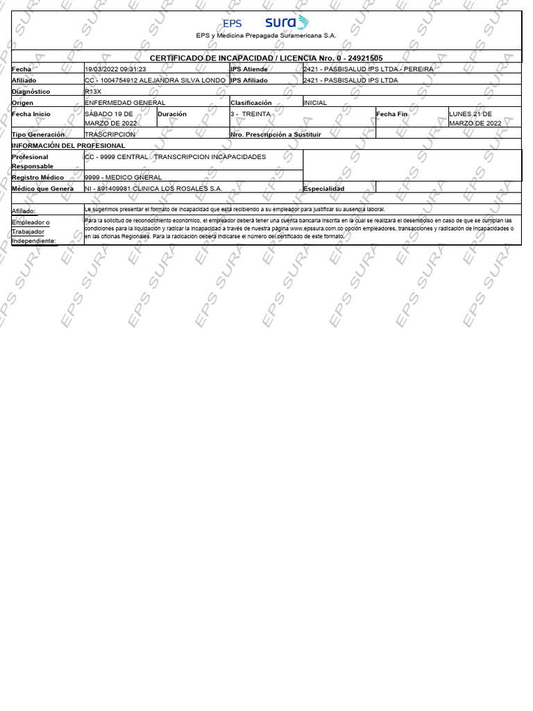 Certificado de Incapacidad EPS SURA | PDF | Cuidado de la salud | Medicina