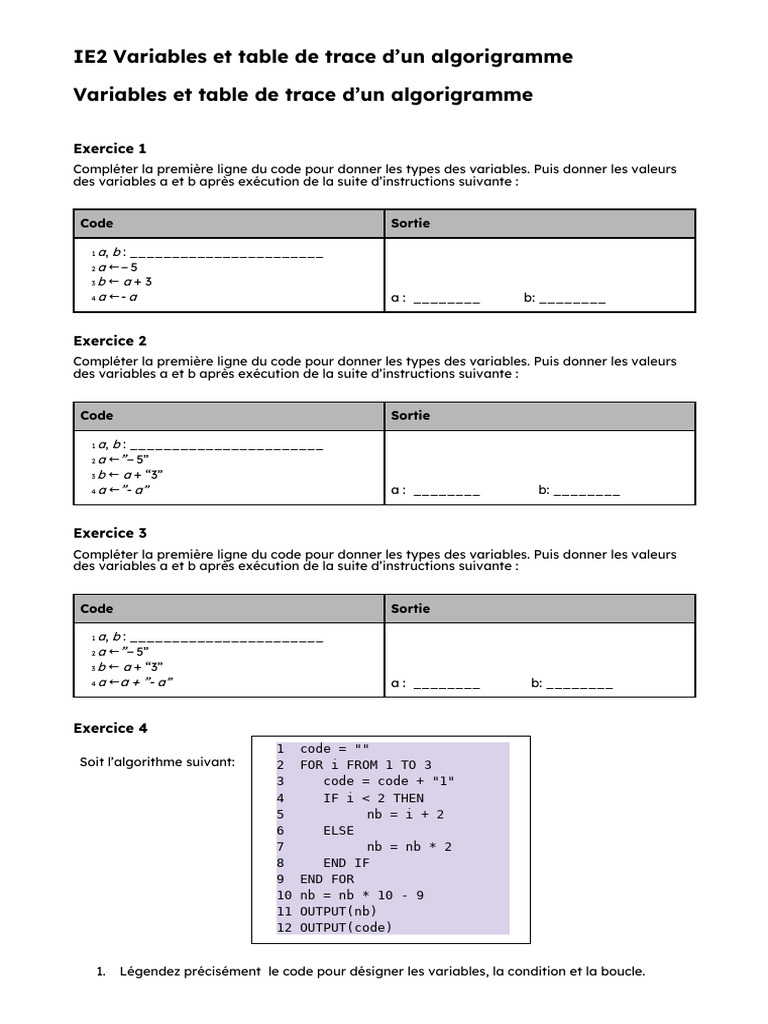 Variables et tables de trace d'algorithmes | PDF | Informatique ...
