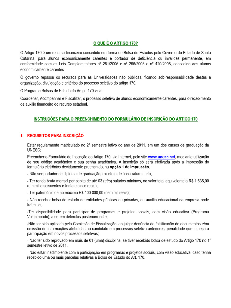Bolsa de Estudo Artigo 170 SC: Inscrição e Requisitos | PDF | Bolsa de ...