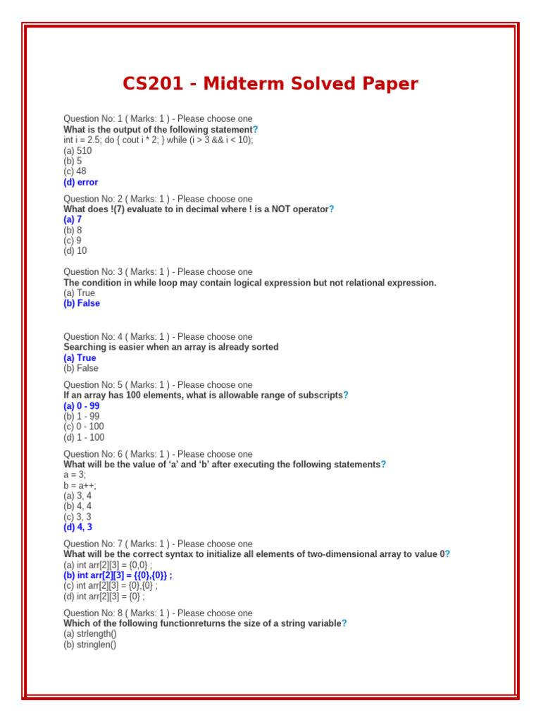 CS201 Midterm Exam Solutions | PDF | Software Engineering | Computer ...