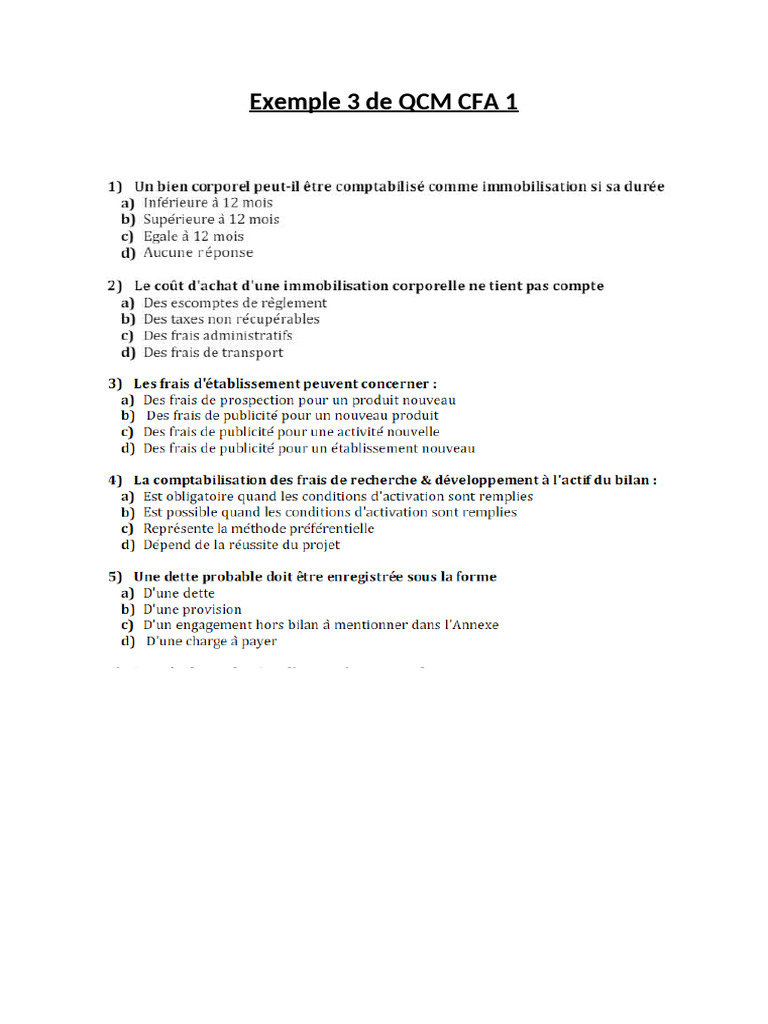 Exemple 3 de QCM CFA 1 | PDF