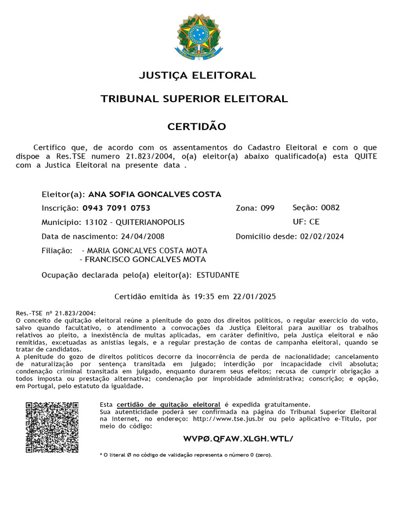 Certidão de Quitação Eleitoral de Ana Sofia | PDF