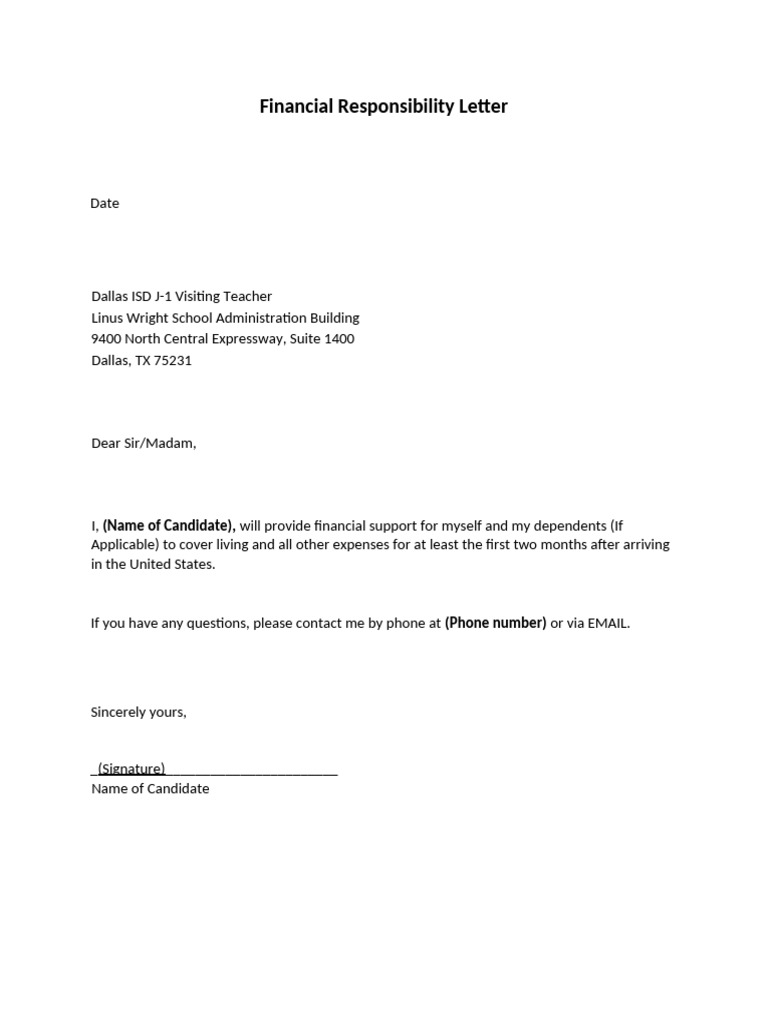 Financial Responsibility Letter Template PDF