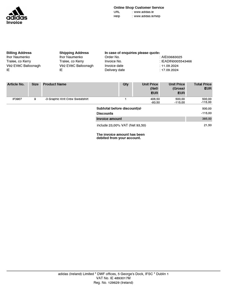 adidas Invoice for Y-3 Sweatshirt | PDF