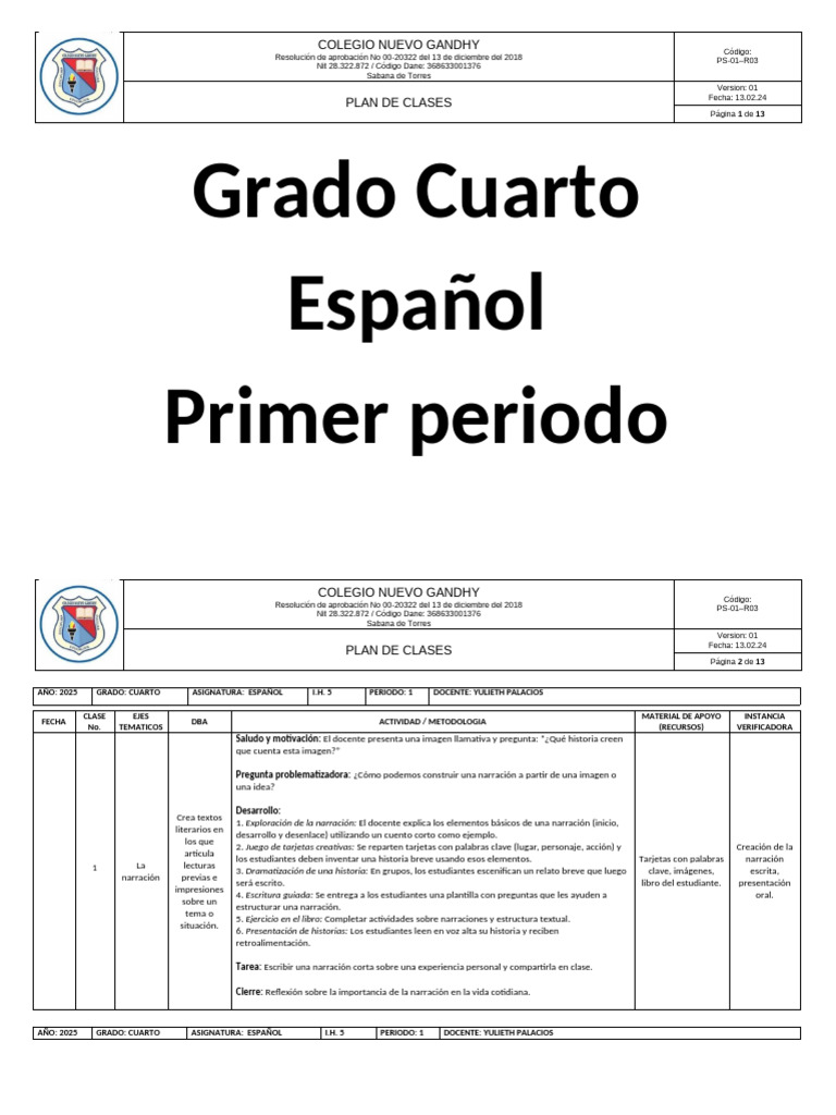 Plan de Clases de Español 4to Grado | PDF | Adjetivo | Narración