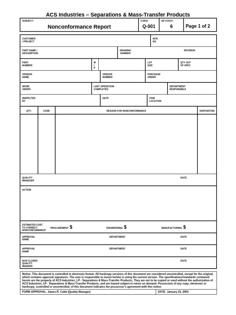 ACS Industries Nonconformance Report | PDF | Specification (Technical ...