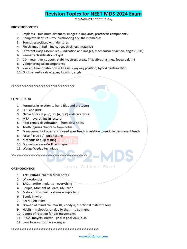 NEET MDS 2024 Exam Revision Topics | PDF | Dental Implant | Dentistry