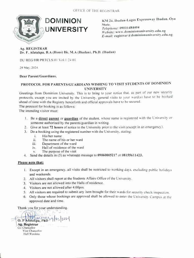 Dominion University Visit Protocols | PDF