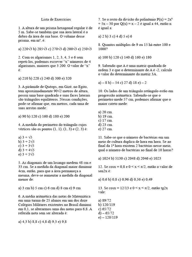 Exercícios de Matemática e Polinômios | PDF | Triângulo | Geometria ...