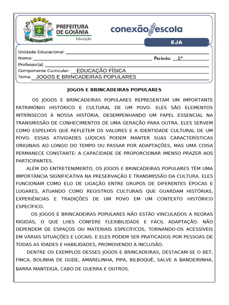 Jogos e Brincadeiras Populares: Cultura e História | PDF