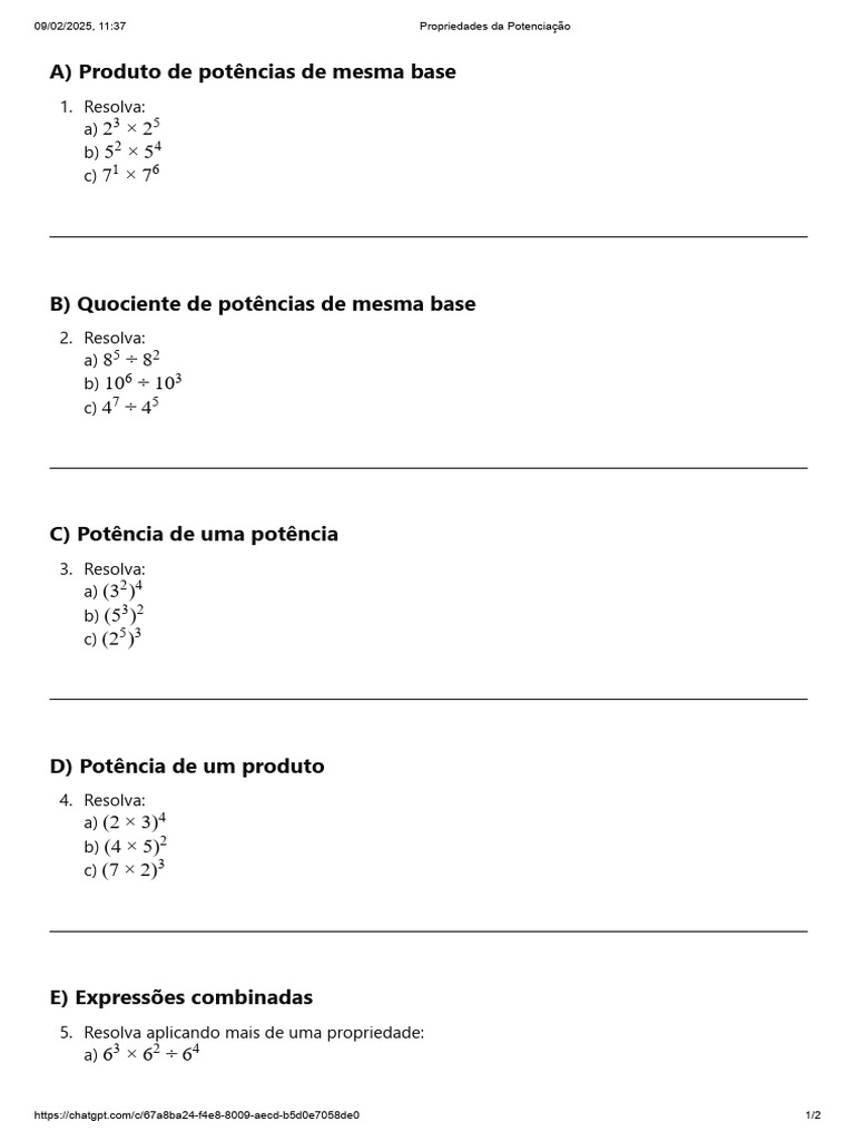 Propriedades da Potenciação: Exercícios | PDF