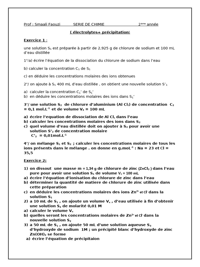 Exercices de Chimie : Solutions et Précipitations | PDF | Ion ...