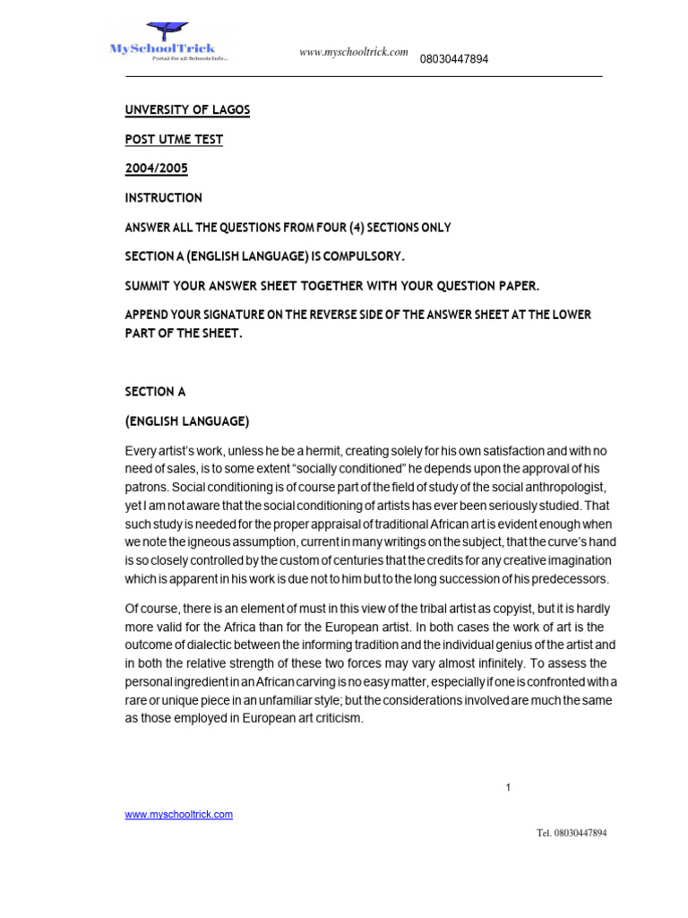University of Lagos Post UTME Test 2004/2005 | PDF | Silk | Agriculture