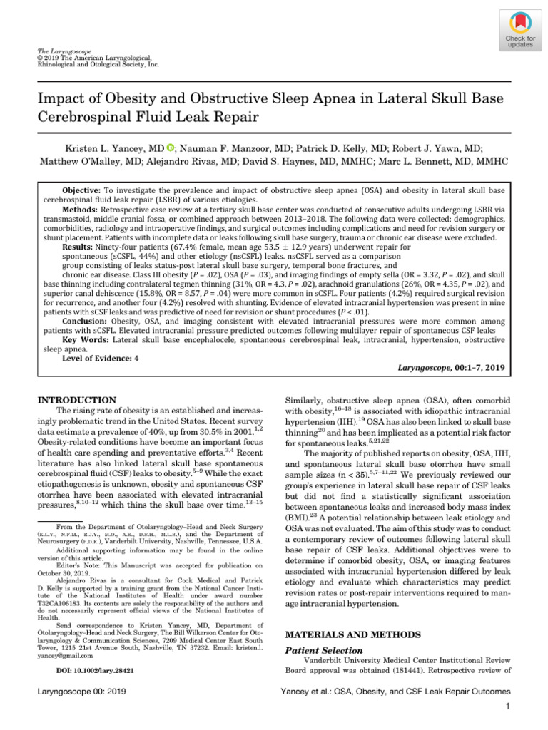 Impact of Obesity and Obstructive Sleep Apnea in Lateral Skull Base ...