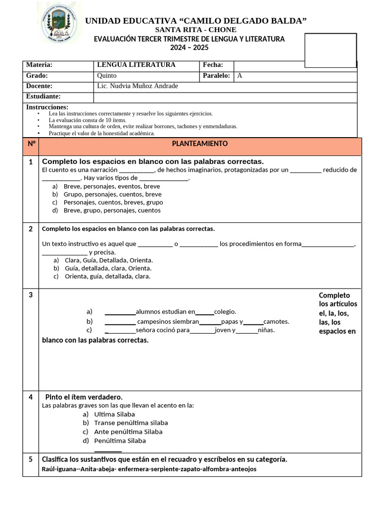 Evaluación Lengua y Literatura 5to Grado | PDF | Lingüística | Idiomas