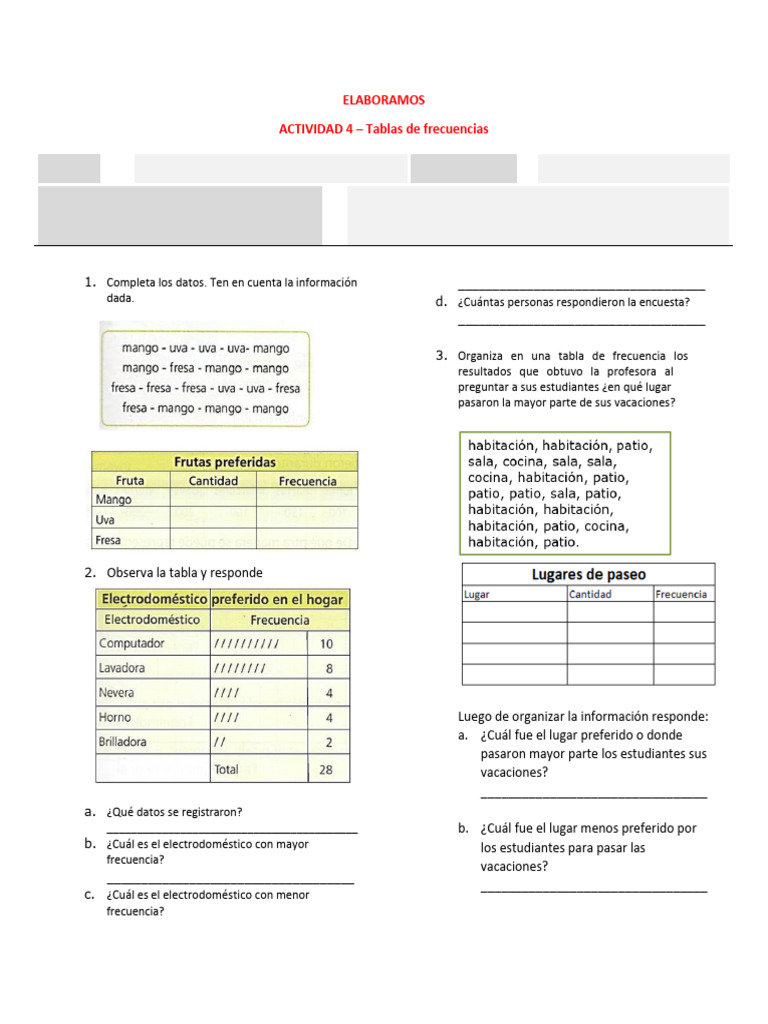 Ejercicios de Tablas de Frecuencia 4to Primaria | PDF