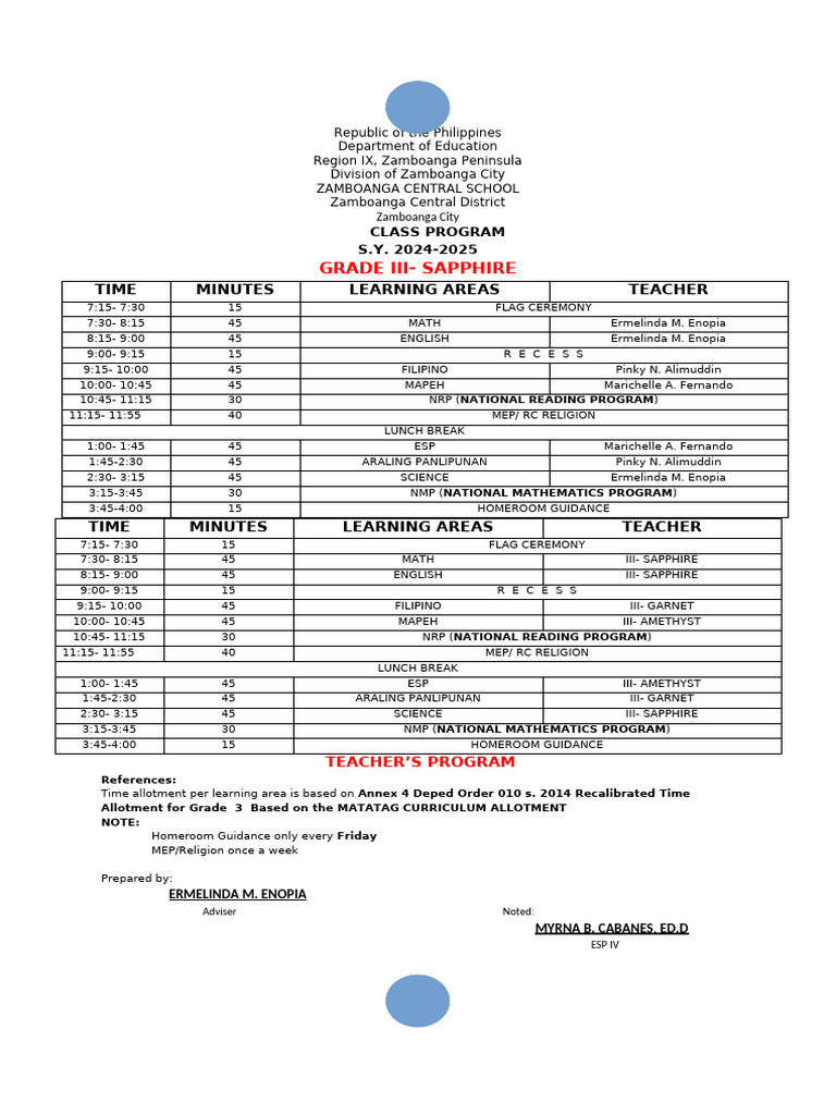 Grade 3 Class Program 2024-2025 | PDF | Philippines