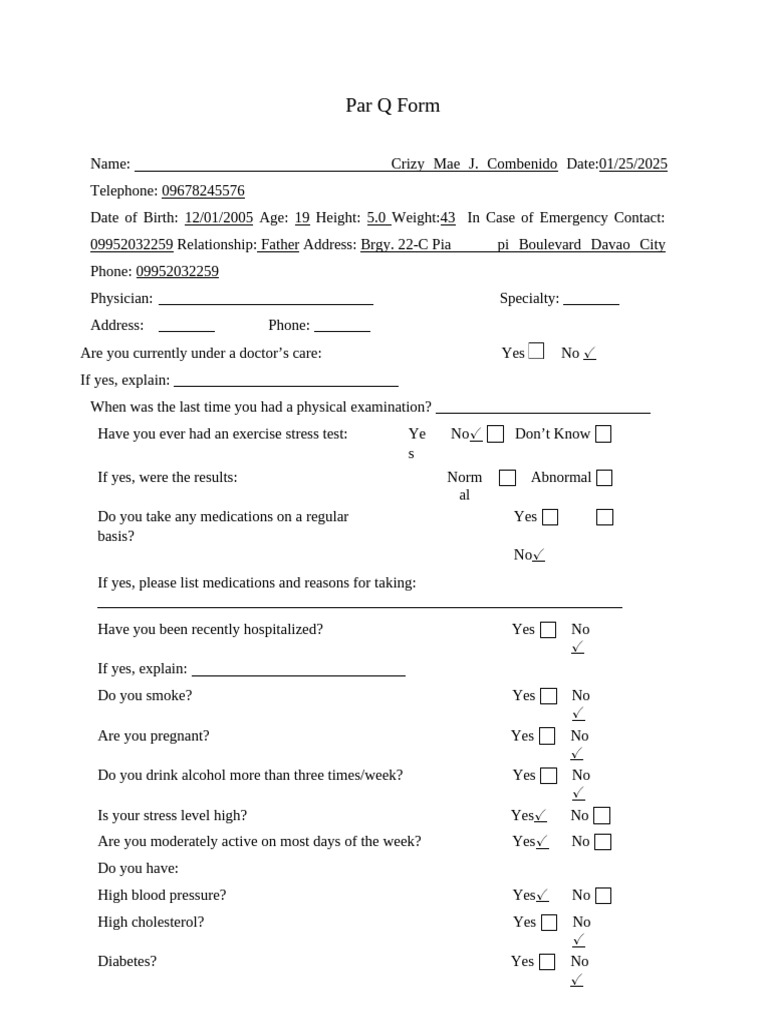 Par Q Health Assessment Form | PDF | Heart | Clinical Medicine