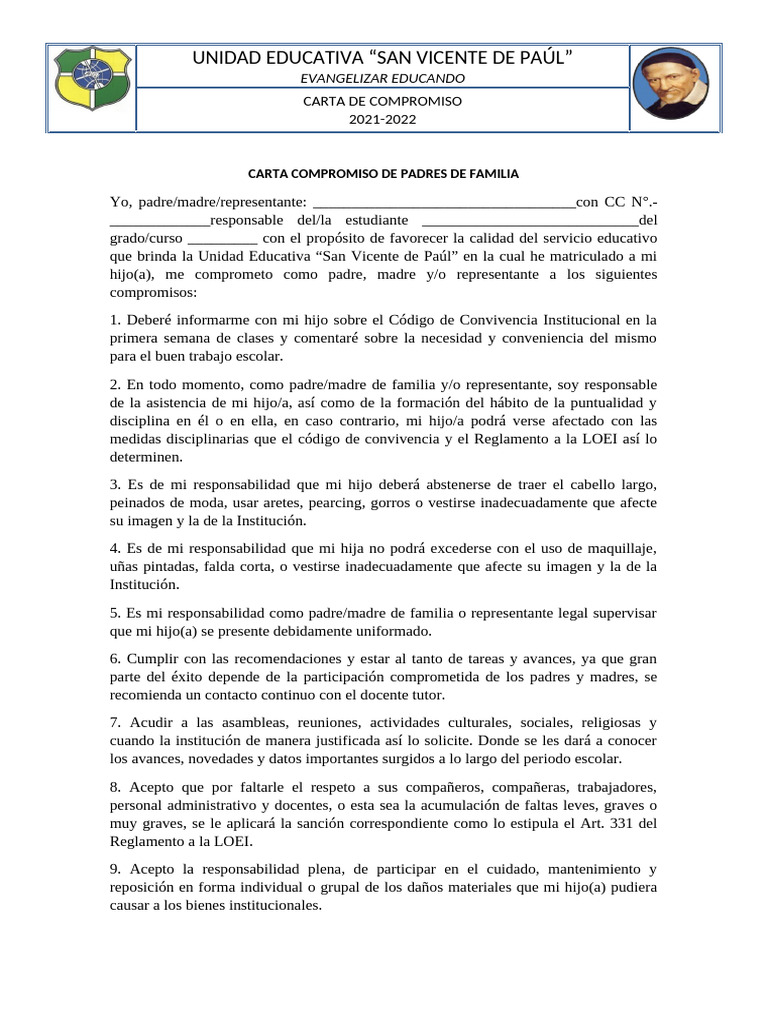 Carta Compromiso Padres Fla. y Estudiante 2021 2022 | PDF
