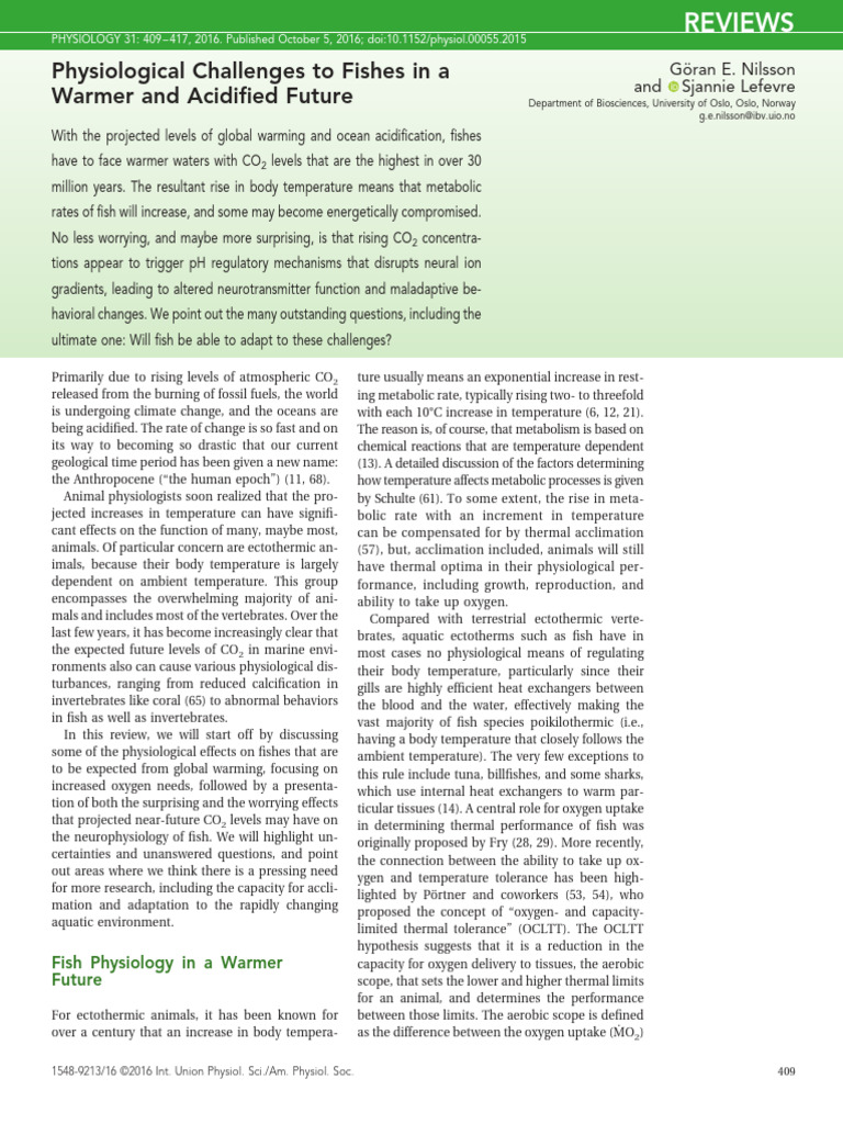 Nilsson Lefevre 2016 Physiological Challenges To Fishes in A Warmer and ...