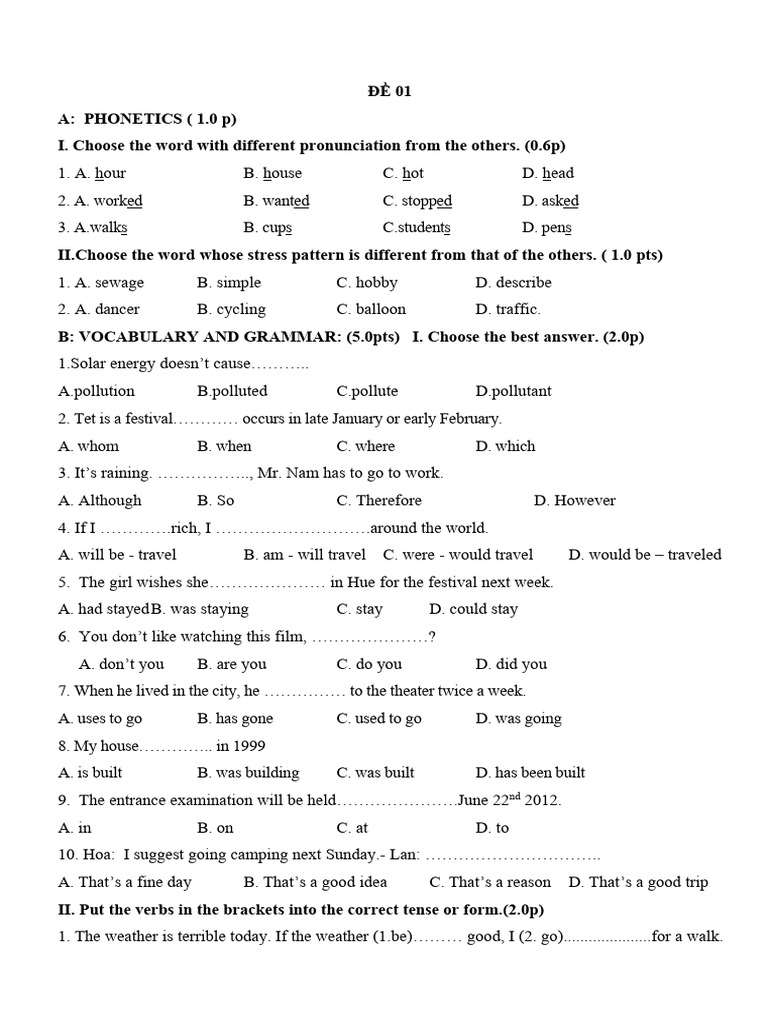 Phonetics and Grammar Practice Test | PDF | Supermarket | Pollution