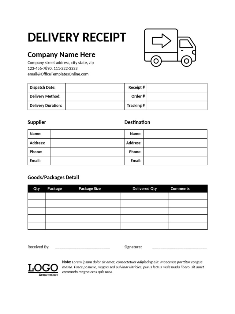 Delivery receipt template pdf