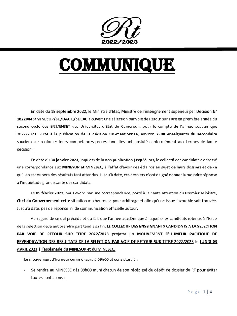 Revendications des enseignants au RT 2022/2023 | PDF