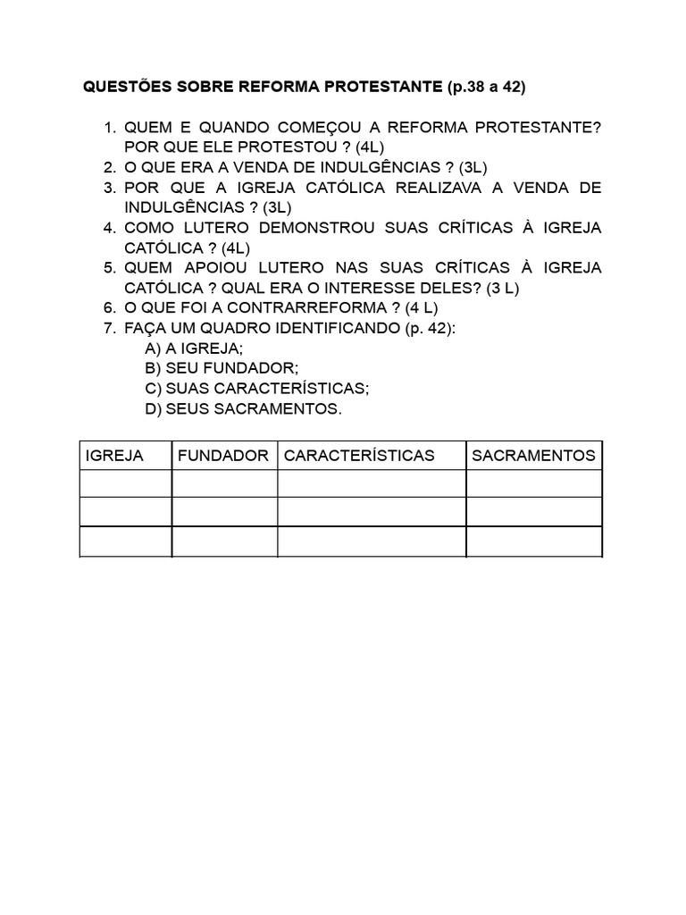 Questões sobre a Reforma Protestante | PDF