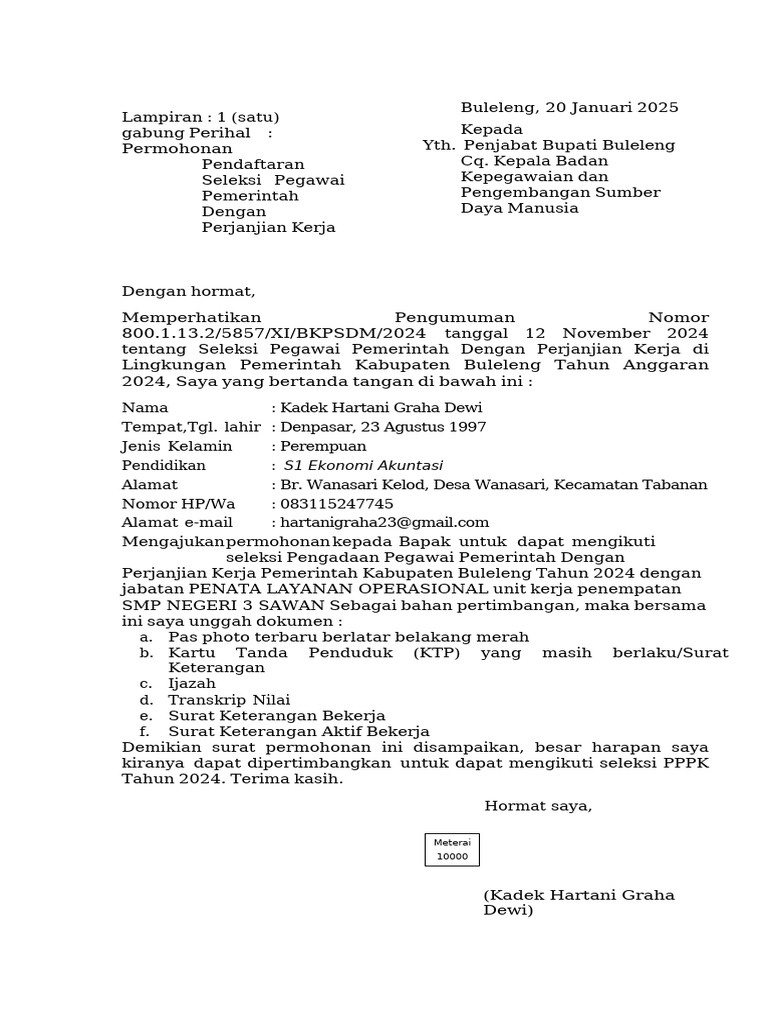 Berkas Lamaran - Kadek Hartani Graha Dewi | PDF