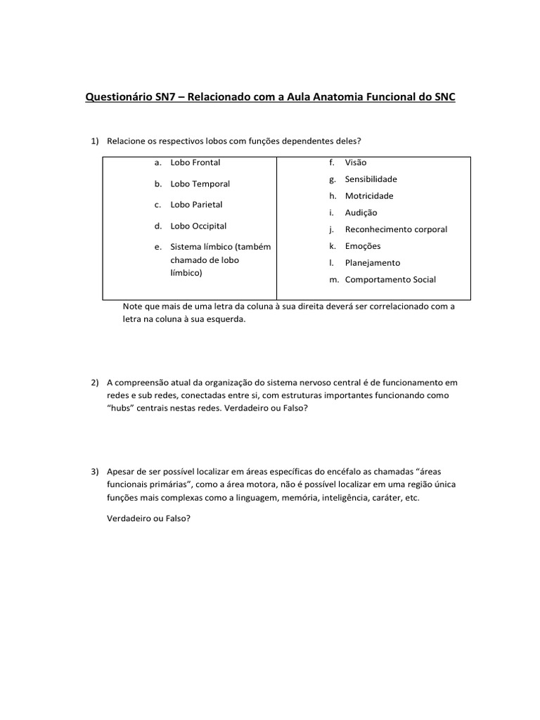 SN7-Questionario sobre Anatomia Funcional | PDF | Sistema nervoso ...
