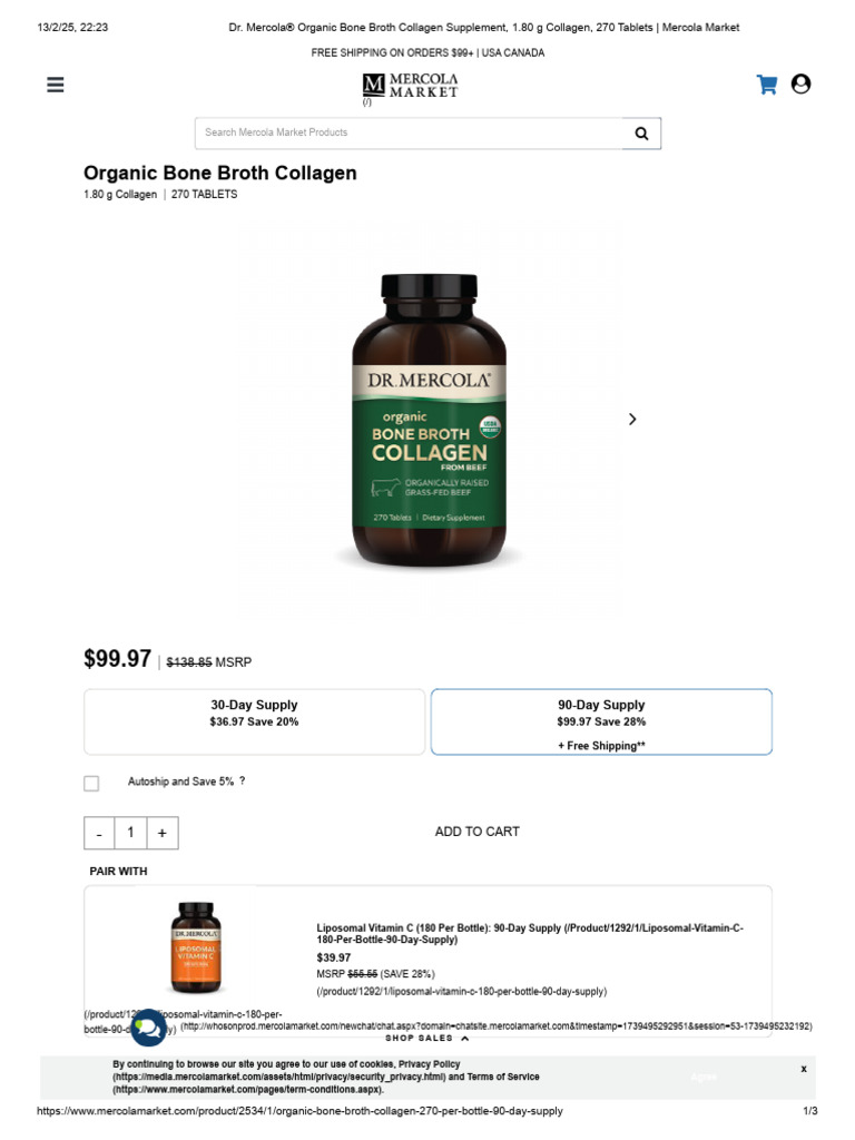 Dr. Mercola® Organic Bone Broth Collagen Supplement, 1.80 G Collagen ...