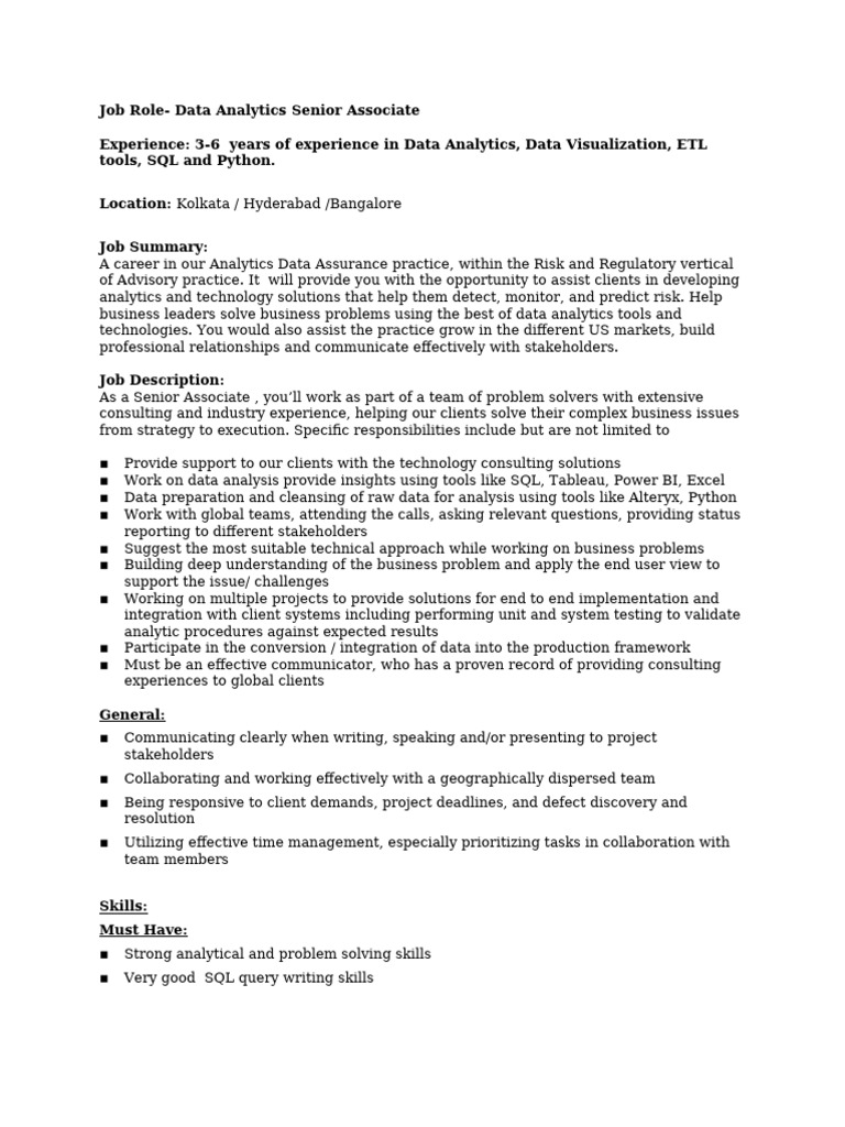Senior Associate - Data Analytics Role | PDF | Analytics | Data Analysis