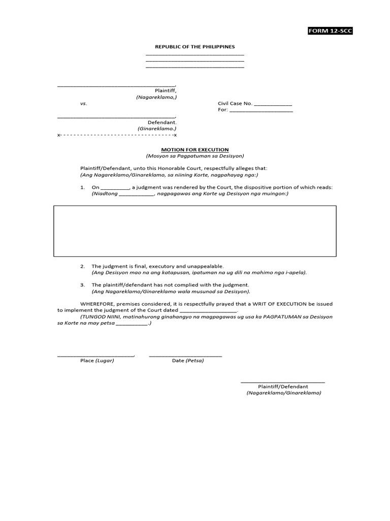 FORM 12 (Bisaya) Motion For Execution | PDF