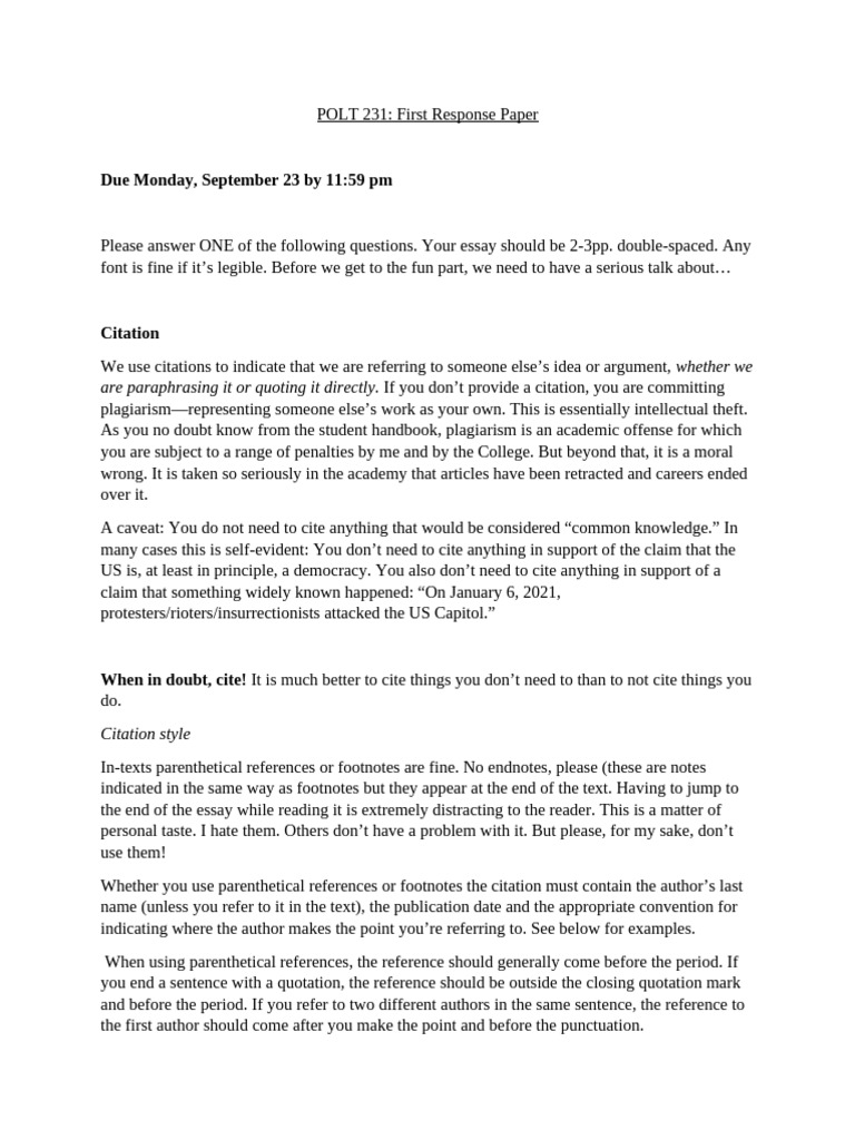 POLT 231 First Response Paper Guidelines | PDF | Citation | Argument