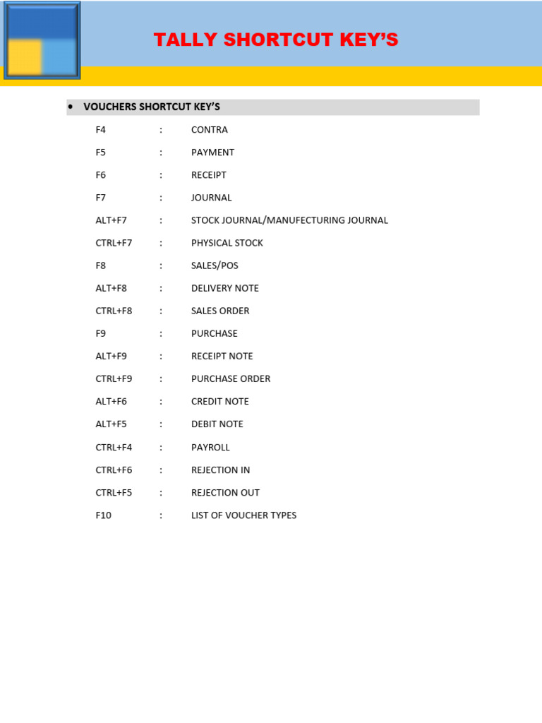 Tally Prime Voucher Shortcut Keys Pdf