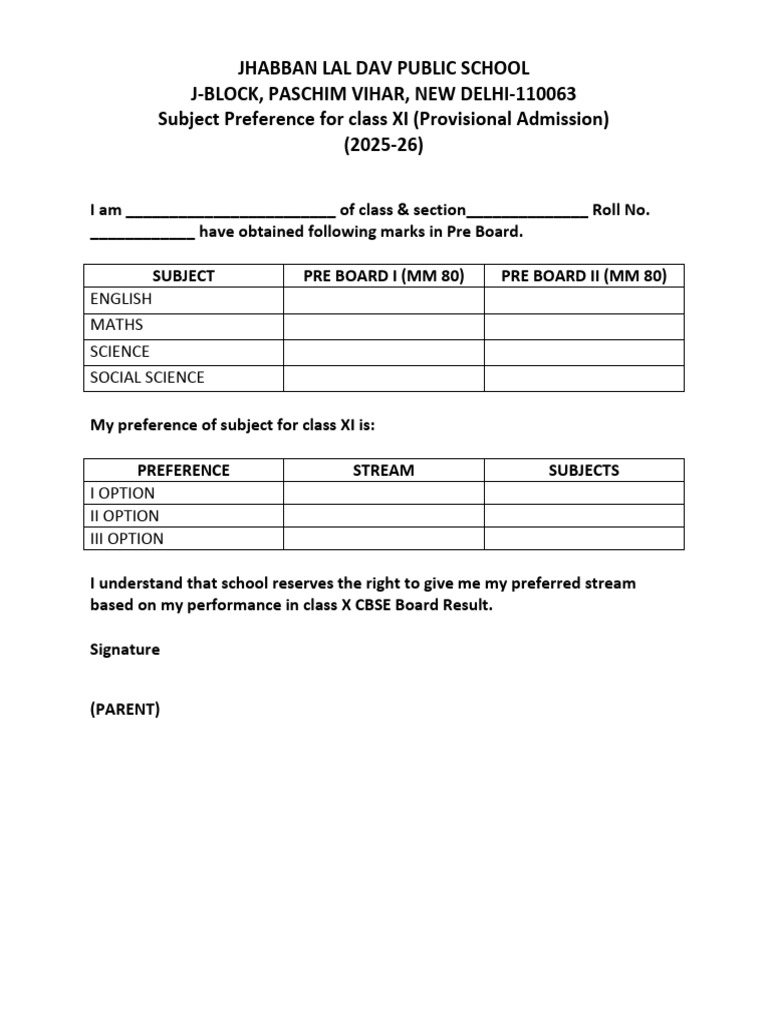 Class XI Subject Preference Form 2025-26 | PDF