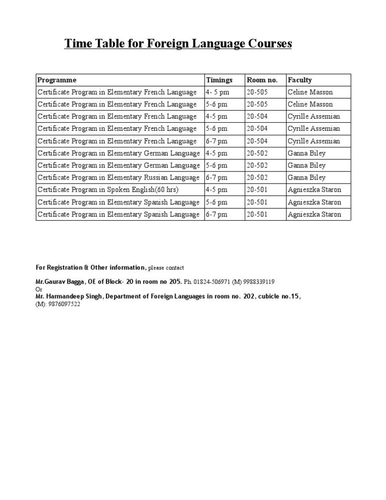 Foreign Language Course Timetable | PDF | Cooking, Food & Wine ...